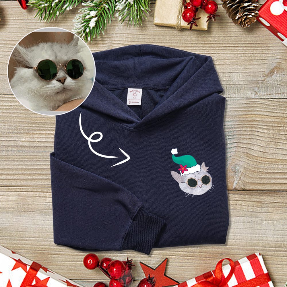 Holiday Gift: Custom Embroidered Sweatshirt with a Cat Wearing a Santa Hat" "Pet Gift: Custom Embroidered Sweatshirt with a Cat Wearing a Santa Hat