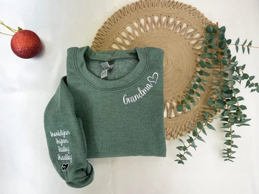 Custom Embroidered Grandma Sweatshirt with Grandkids Names on Sleeve, Personalized Minimalist Gift Grandma Sweatshirt