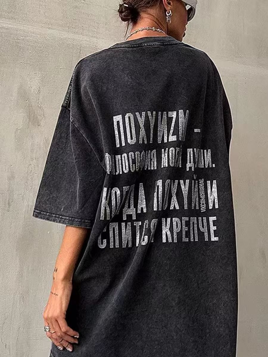 Summer new American vintage do old wash black 100% cotton short sleeve hot diamond loose personality street T-shirt tide