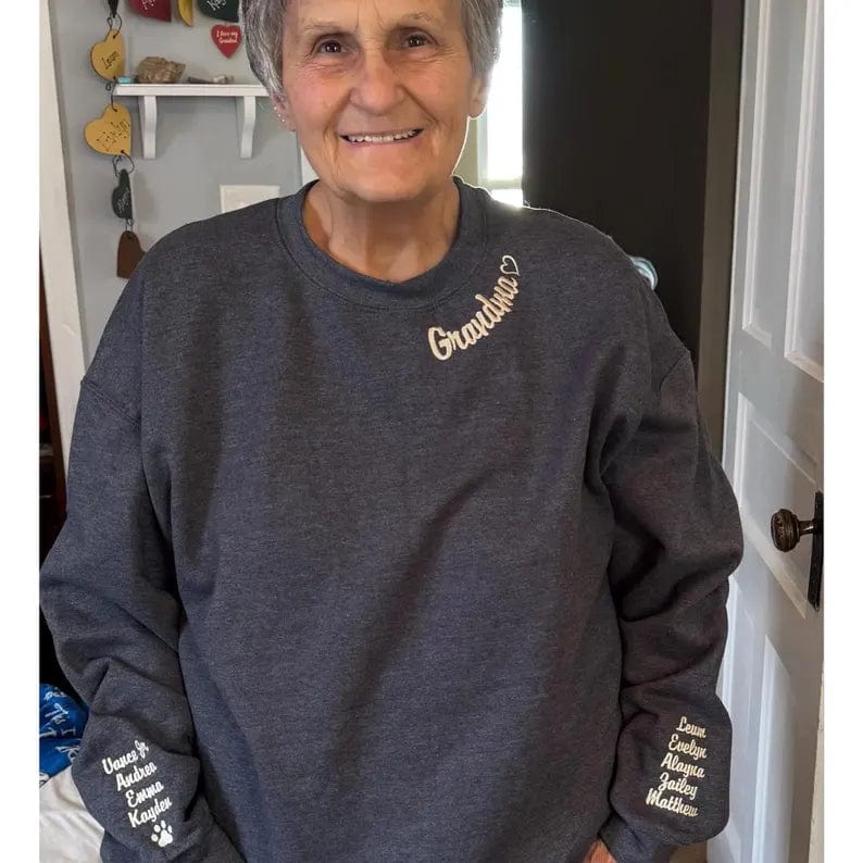 Custom Embroidered Grandma Sweatshirt with Grandkids Names on Sleeve, Personalized Minimalist Gift Grandma Sweatshirt