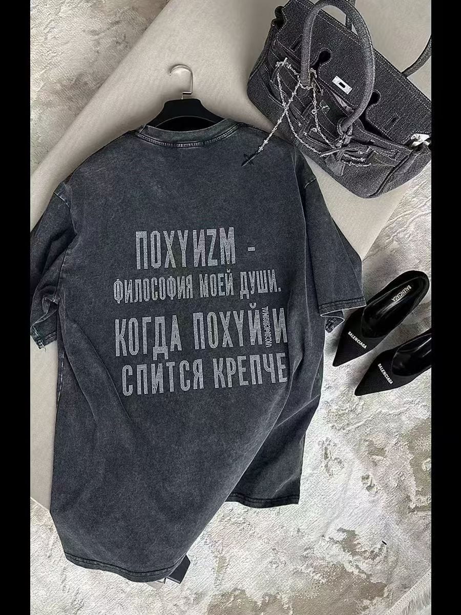 Summer new American vintage do old wash black 100% cotton short sleeve hot diamond loose personality street T-shirt tide