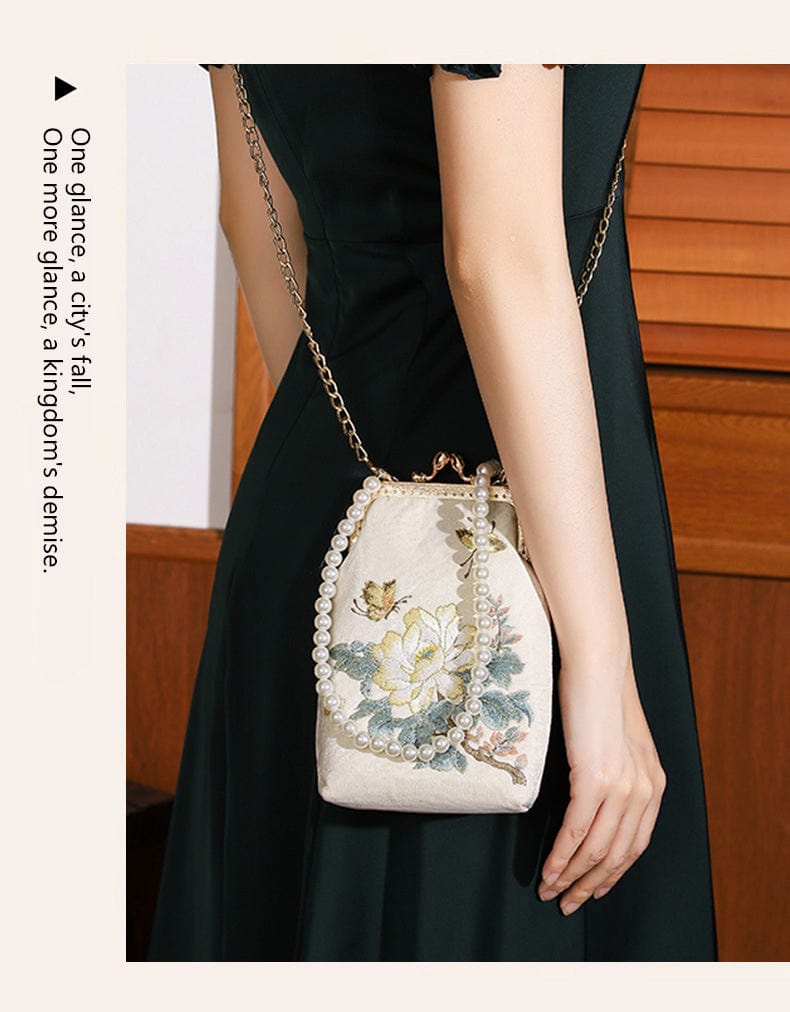 Bamboo handbag with pearl embroidery Ancient style cheongsam banquet hand bag chain bag metal lock embroidered beaded bag