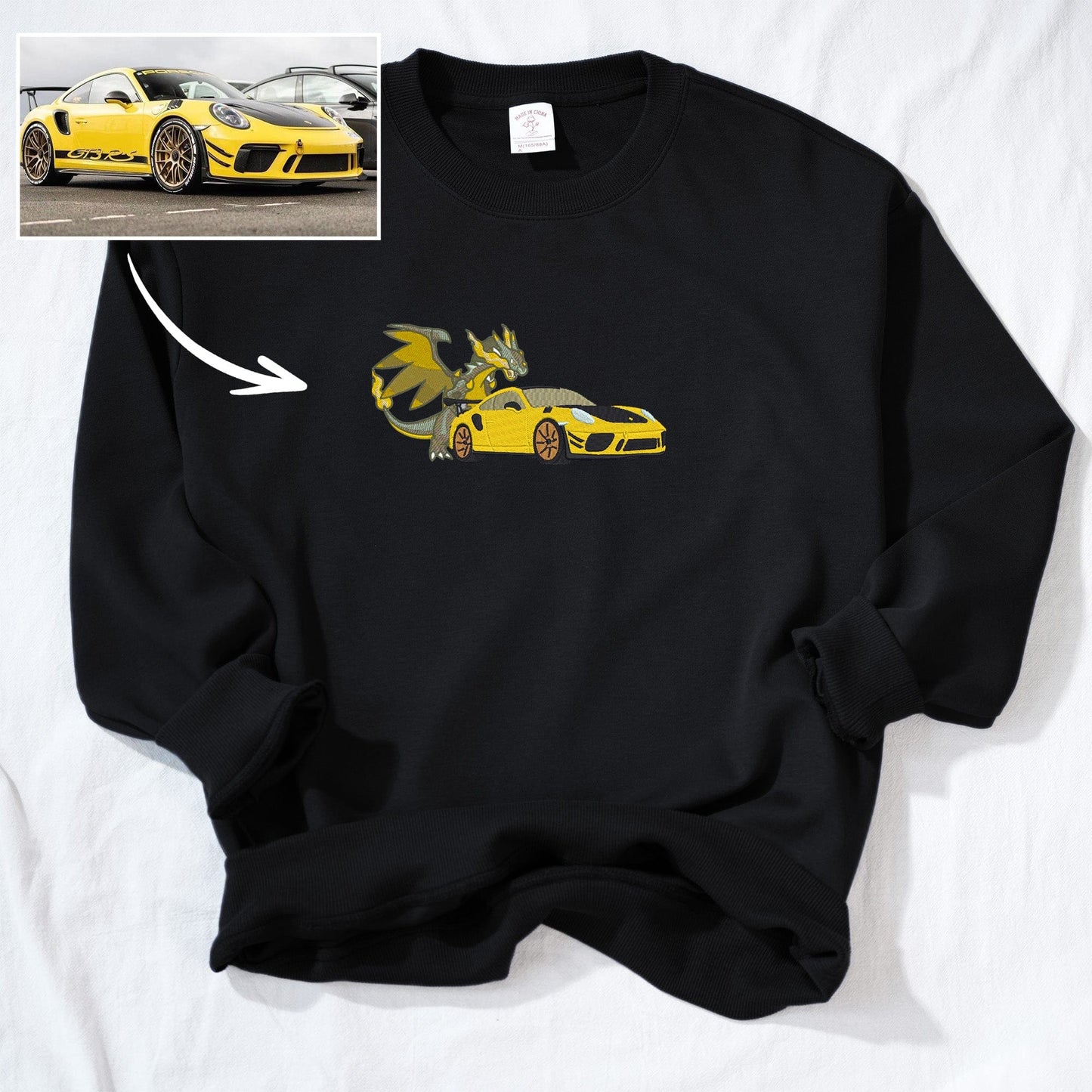 Custom Embroidered Round Neck Sweatshirt featuring a Car and Dragon Design - A Stylish Gift for Couples this Autumn and Winter.