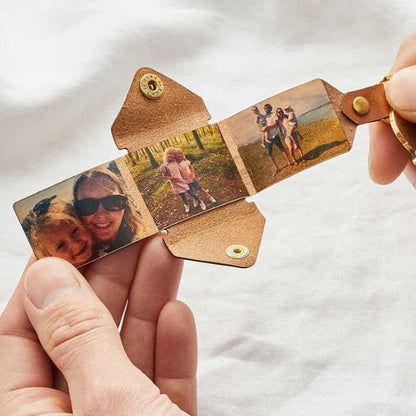 Custom good times photo keychain，Personalized Photo Keychain Leather Case，Keyring with Three Photos