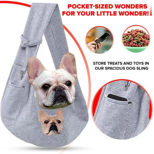 Personalised Grey dog Sling Carrier for small dog image - Custom embroidered pet sling Carrier - Custom hands free Doogie Sling chest bag