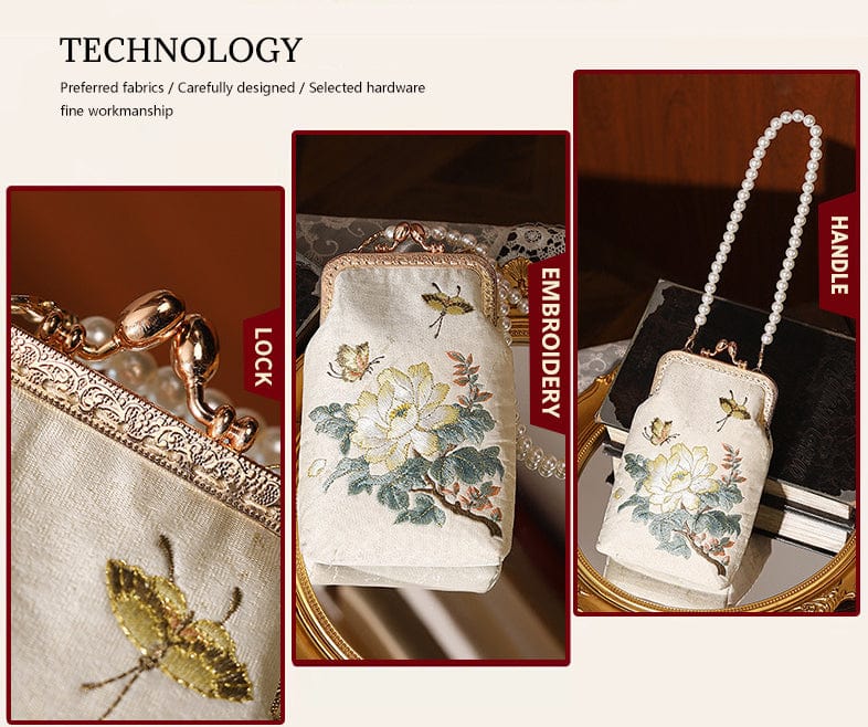 Bamboo handbag with pearl embroidery Ancient style cheongsam banquet hand bag chain bag metal lock embroidered beaded bag