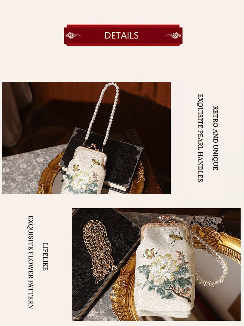 Bamboo handbag with pearl embroidery Ancient style cheongsam banquet hand bag chain bag metal lock embroidered beaded bag