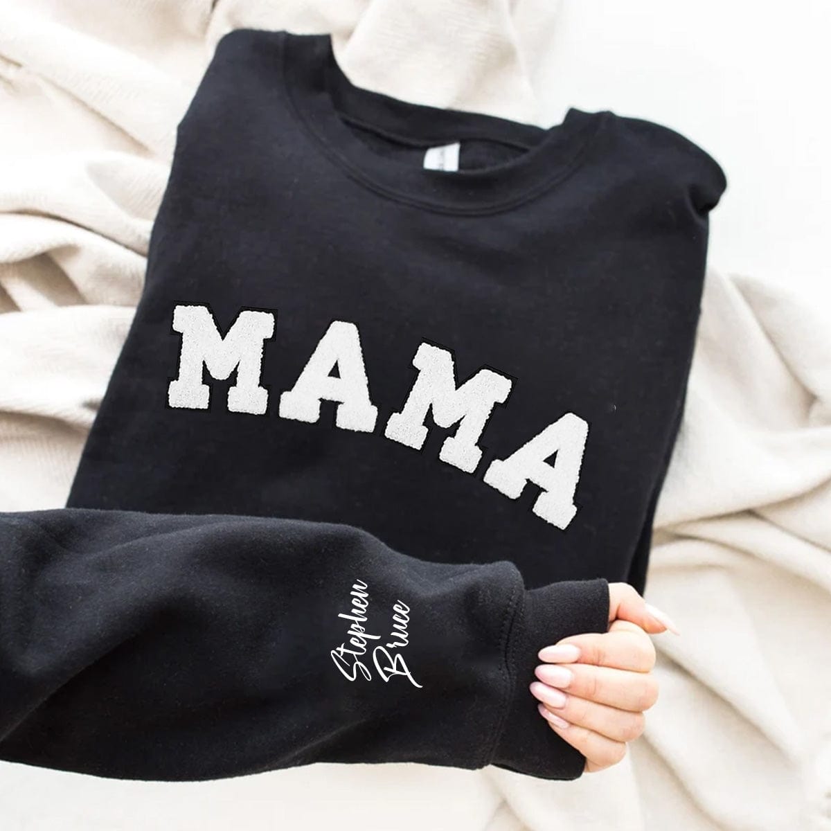 Personalized MAMA Embroidery T-Shirt/Sweatshirt/Hoodie - Multiple Font Options & Custom Cuff Text Available!