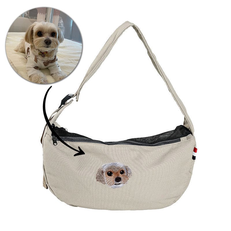 Porte-sling de chien gris personnalisé pour l’image d’un petit chien - Porte-sling pour animaux de compagnie brodé personnalisé - Sac de poitrine Doogie Sling mains libres personnalisé