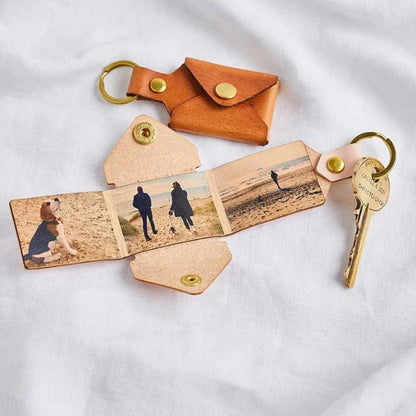 Custom good times photo keychain，Personalized Photo Keychain Leather Case，Keyring with Three Photos