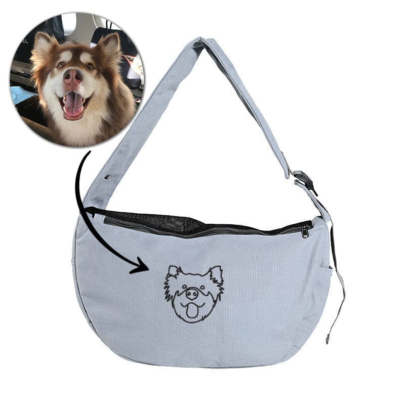 Porte-sling de chien gris personnalisé pour l’image d’un petit chien - Porte-sling pour animaux de compagnie brodé personnalisé - Sac de poitrine Doogie Sling mains libres personnalisé