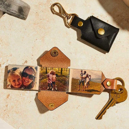 Custom Good Times Photo Keychain, estuche de cuero de llavero fotográfico personalizado, llavero con tres fotos