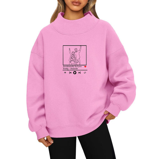 Embroidered women's sweatshirt Long sleeve high neck pullover sweatshirt casual hoodie and fleece top