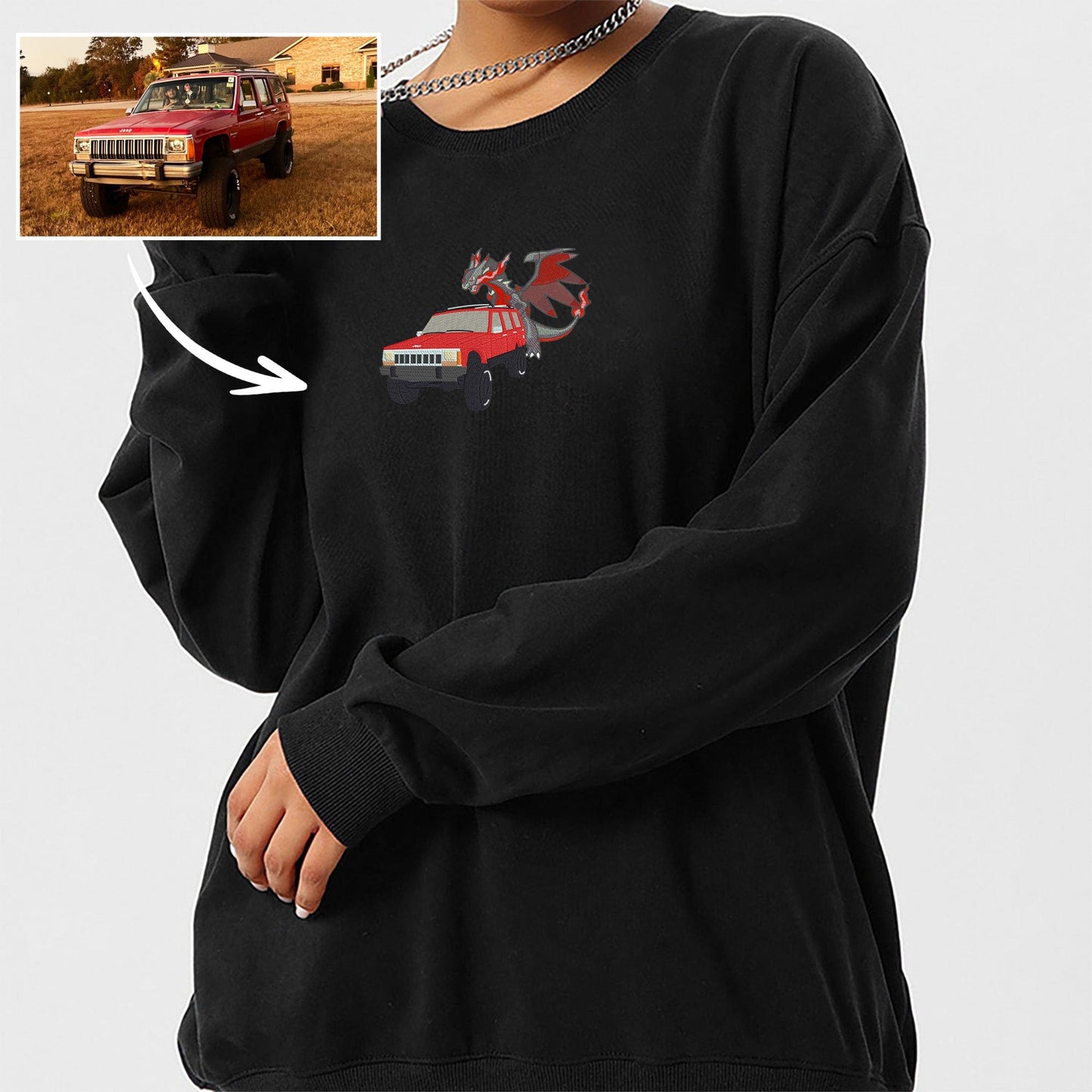 Custom Embroidered Round Neck Sweatshirt featuring a Car and Dragon Design - A Stylish Gift for Couples this Autumn and Winter.