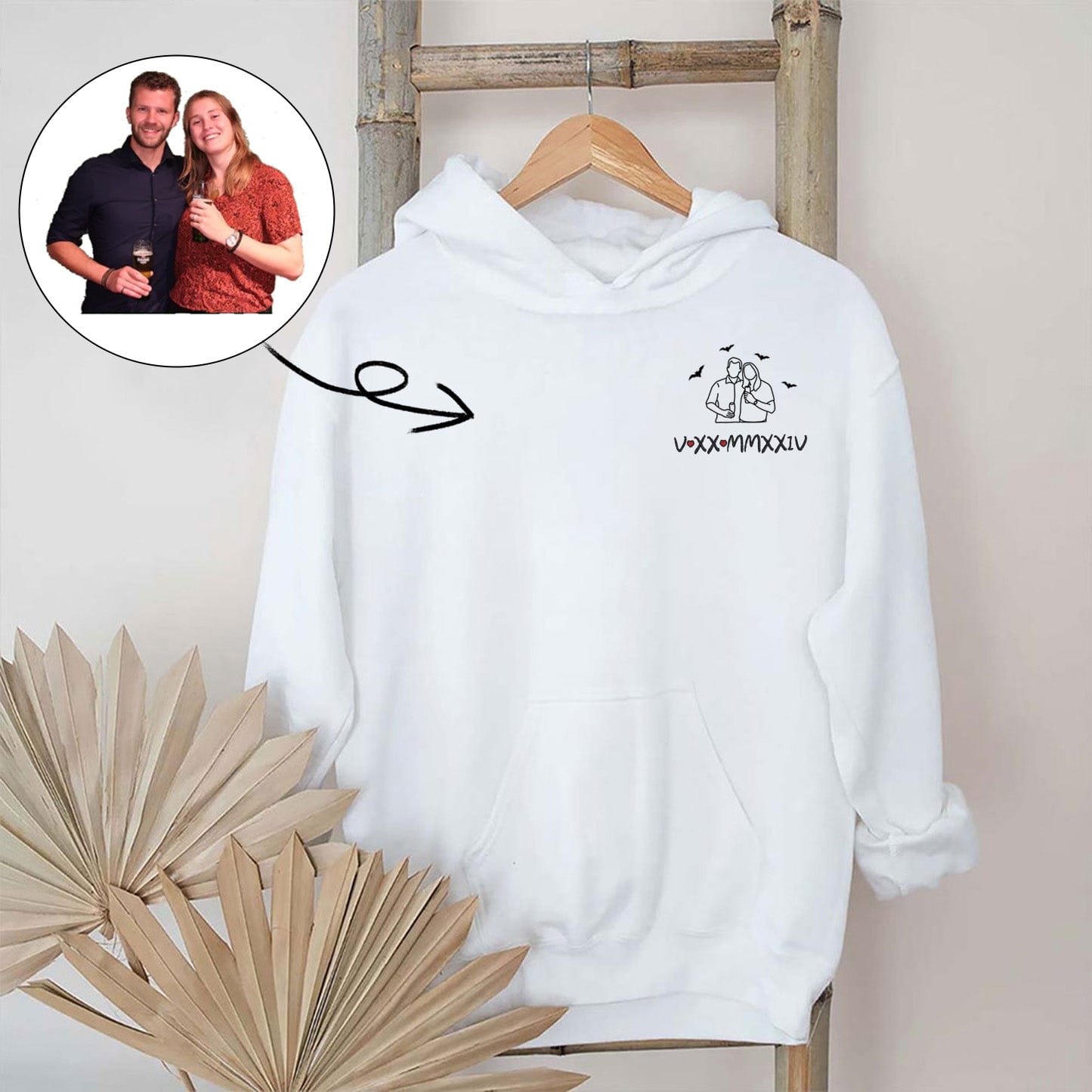 Halloween Special Custom: Embroidered Couple Photo Hoodie with Roman Numeral Date Commemorative Gift