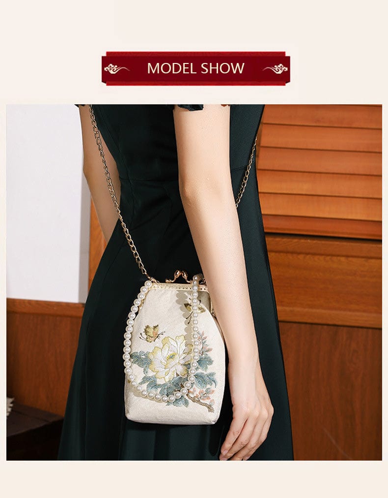 Bamboo handbag with pearl embroidery Ancient style cheongsam banquet hand bag chain bag metal lock embroidered beaded bag