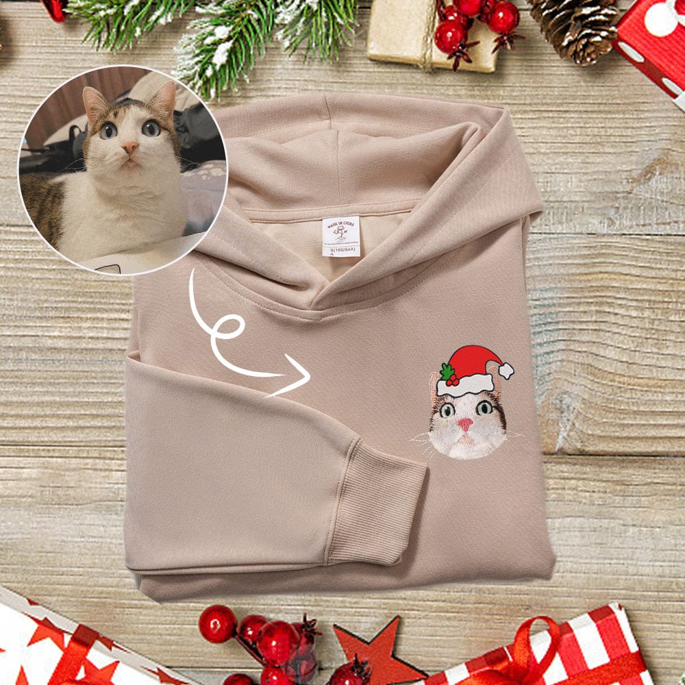 Holiday Gift: Custom Embroidered Sweatshirt with a Cat Wearing a Santa Hat" "Pet Gift: Custom Embroidered Sweatshirt with a Cat Wearing a Santa Hat