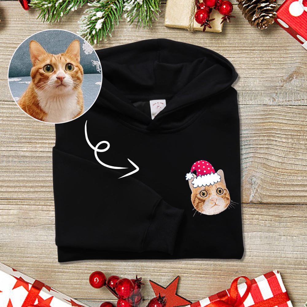 Holiday Gift: Custom Embroidered Sweatshirt with a Cat Wearing a Santa Hat" "Pet Gift: Custom Embroidered Sweatshirt with a Cat Wearing a Santa Hat