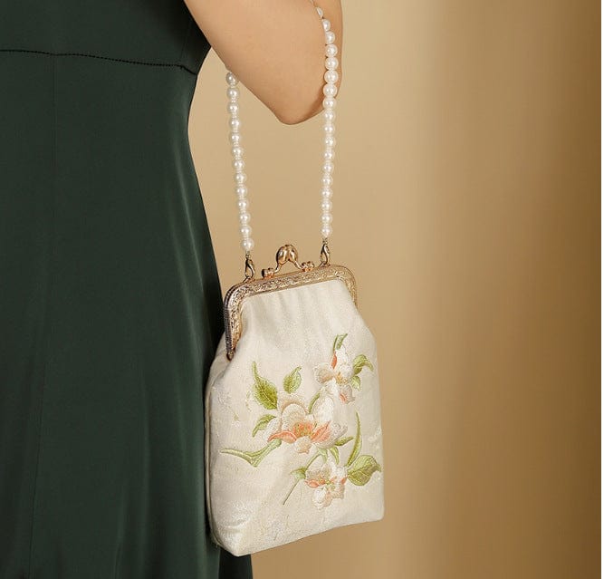 Bamboo handbag with pearl embroidery Ancient style cheongsam banquet hand bag chain bag metal lock embroidered beaded bag