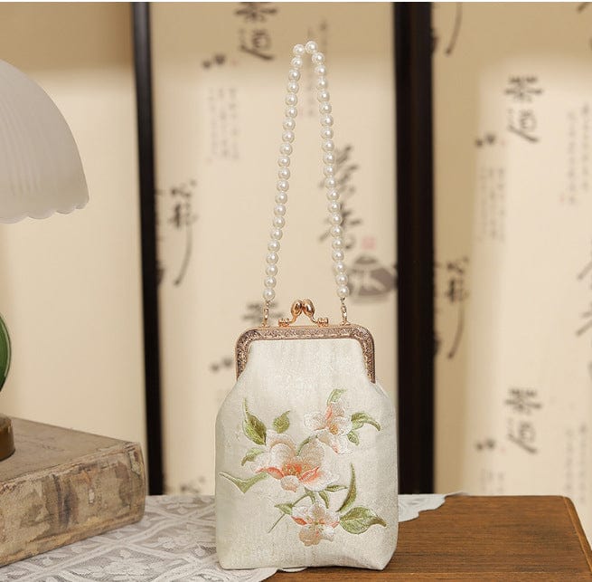 Bamboo handbag with pearl embroidery Ancient style cheongsam banquet hand bag chain bag metal lock embroidered beaded bag