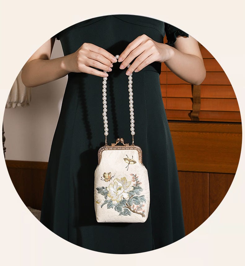 Bamboo handbag with pearl embroidery Ancient style cheongsam banquet hand bag chain bag metal lock embroidered beaded bag