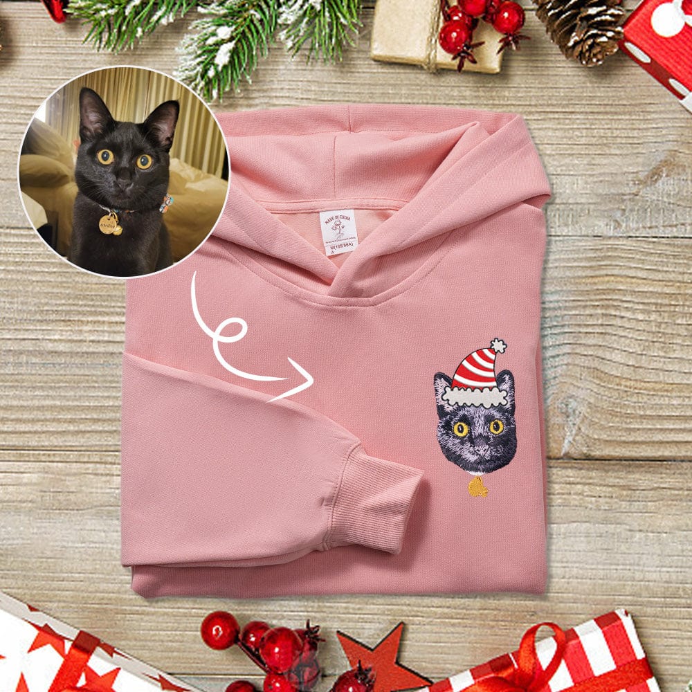 Holiday Gift: Custom Embroidered Sweatshirt with a Cat Wearing a Santa Hat" "Pet Gift: Custom Embroidered Sweatshirt with a Cat Wearing a Santa Hat