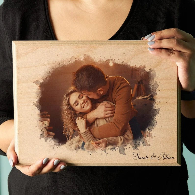 Custom Photo on Wood, Engraved Photo on Wood with Watercolor Style, Custom Wall Art, Personalized Portrait from Photo as Long Distance Gift.