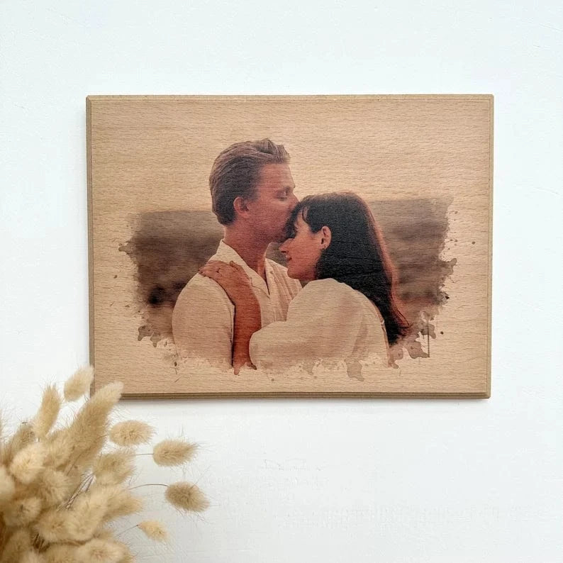 Custom Photo on Wood, Engraved Photo on Wood with Watercolor Style, Custom Wall Art, Personalized Portrait from Photo as Long Distance Gift.