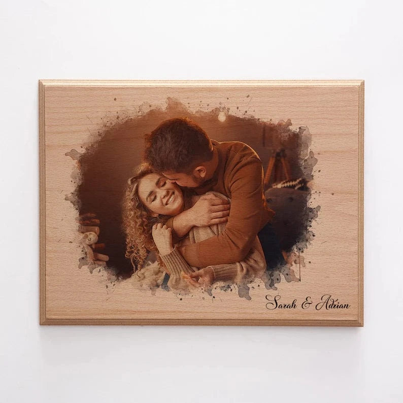 Custom Photo on Wood, Engraved Photo on Wood with Watercolor Style, Custom Wall Art, Personalized Portrait from Photo as Long Distance Gift.