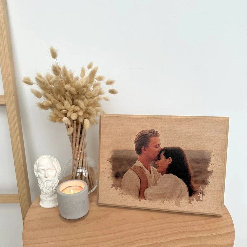 Custom Photo on Wood, Engraved Photo on Wood with Watercolor Style, Custom Wall Art, Personalized Portrait from Photo as Long Distance Gift.